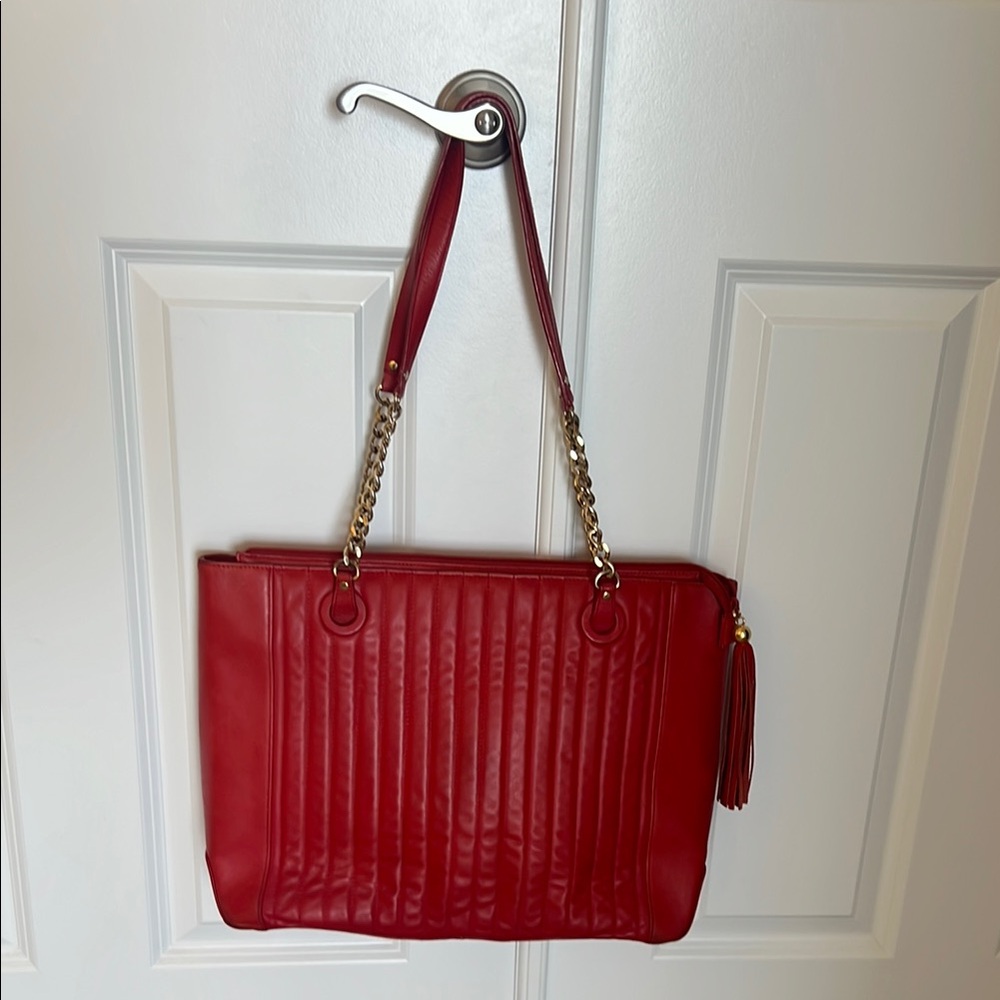 Levenger Red Leather Quilted Tote Bag